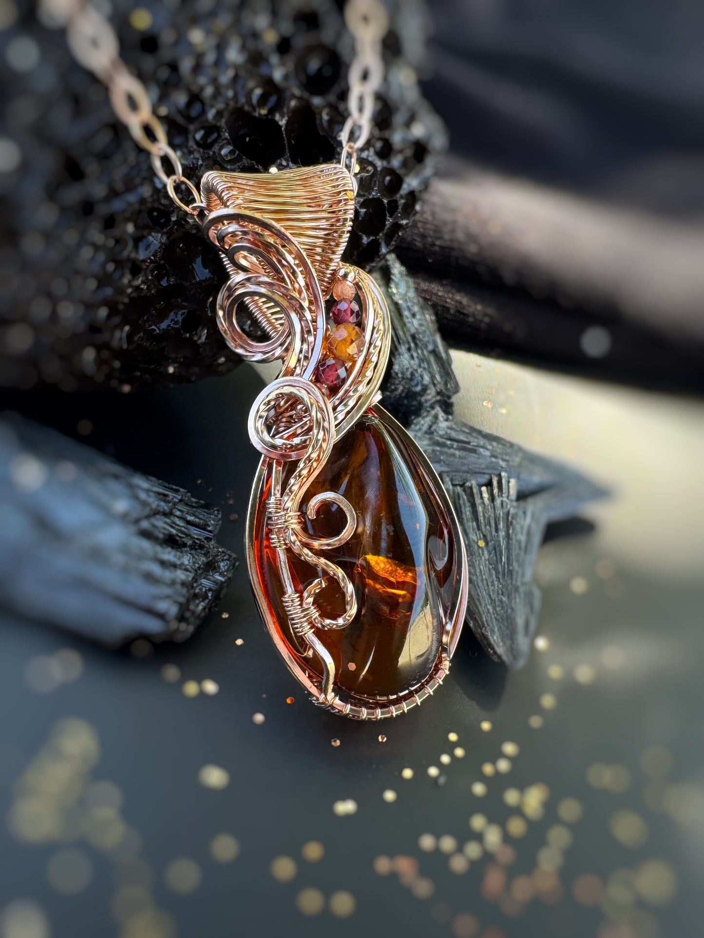 Amber, Hessonite Garnet, Garnet, Sunstone Necklace in 14k Rose Gold Filled