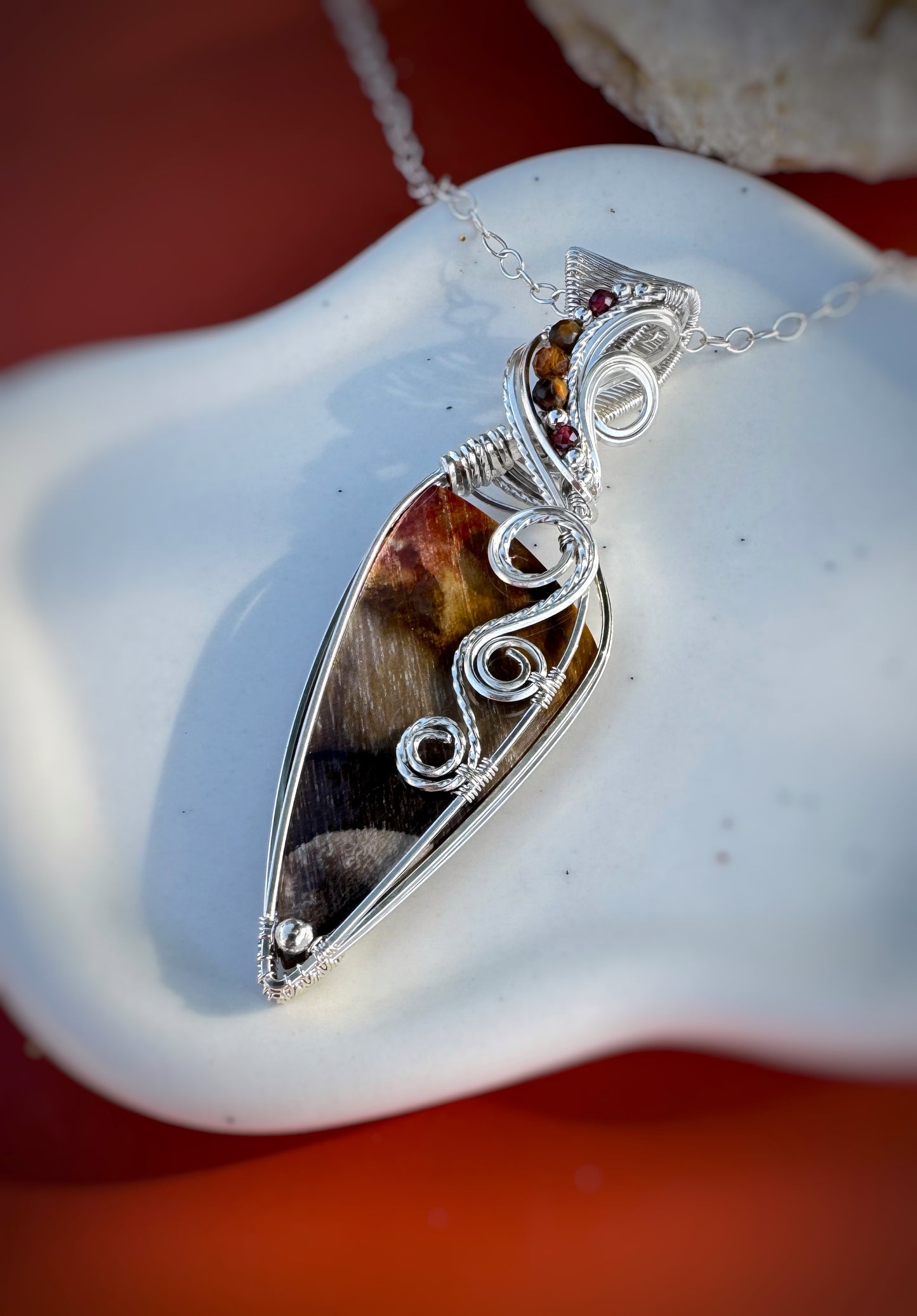 High Grade Petrified Wood, Tiger's Eye, Hessonite Garnet & Red Garnet Necklace in 0.925 Sterling Silver