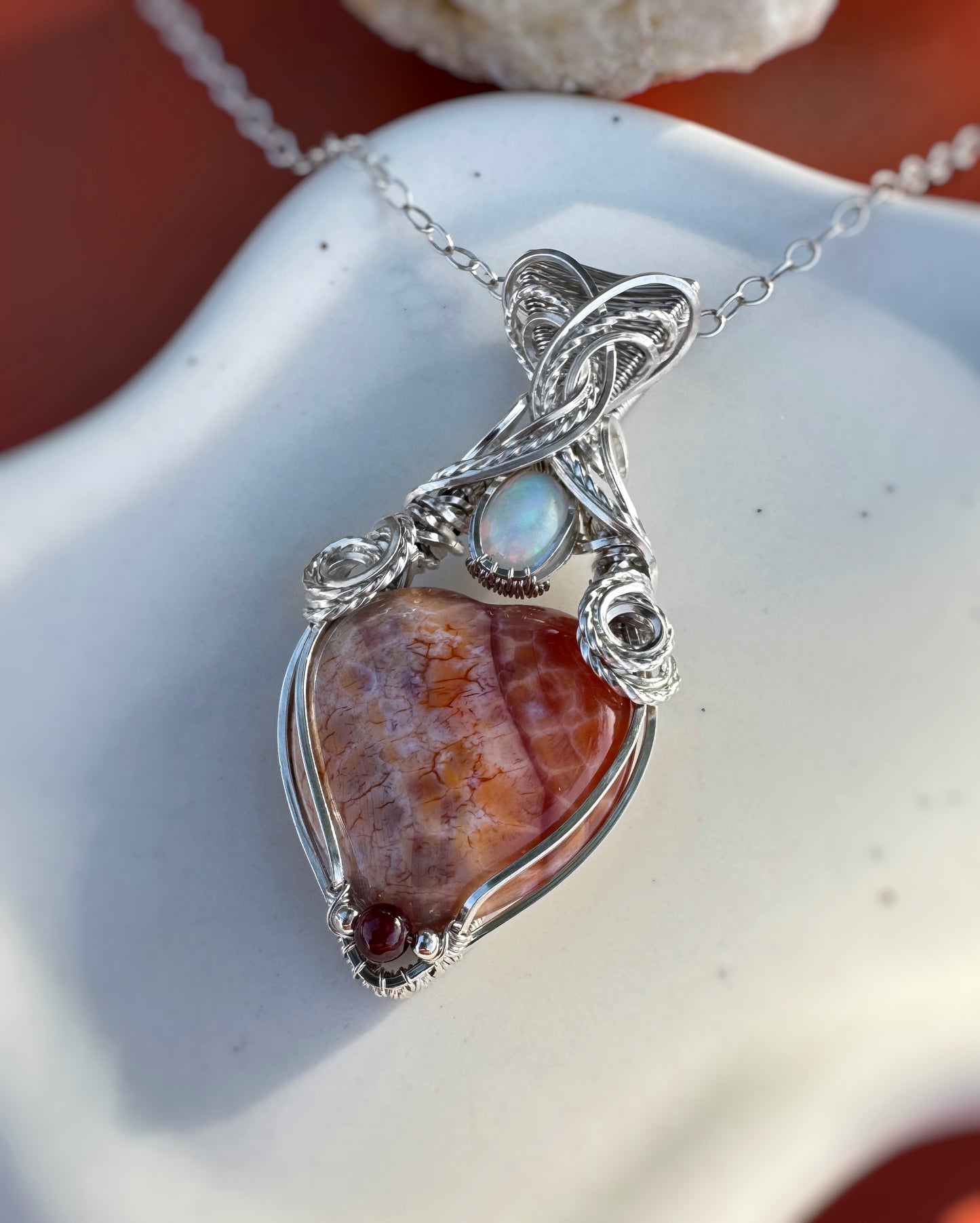 Fire Agate, Opal & Garnet Necklace in Argentium Silver