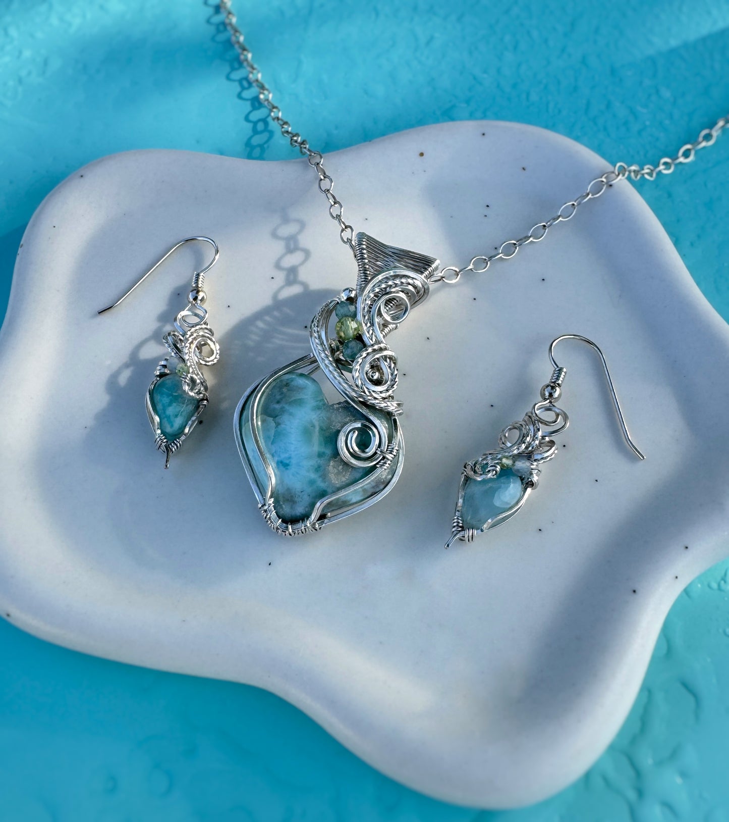 Larimar, Aquamarine & Peridot Set in Argentium Silver (Necklace & Earrings)