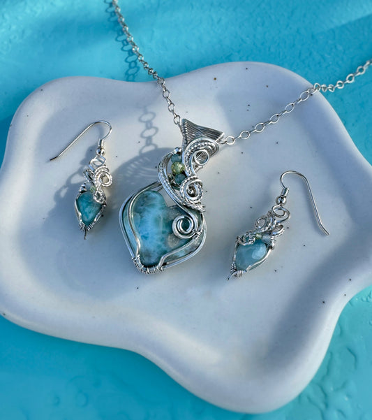 Larimar, Aquamarine & Peridot Set in Argentium Silver (Necklace & Earrings)