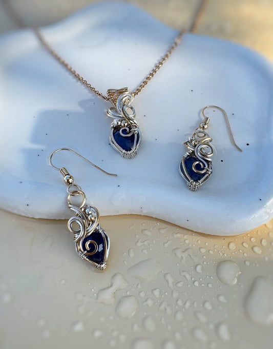 Thailand Blue Sapphire Set in 0.925 Sterling Silver & 14k Gold Filled (Necklace & Earrings)