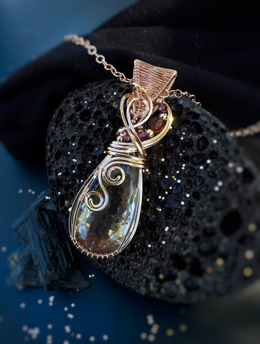 Copper Rutile, Garnet & Amber Necklace in 14k Rose Gold Filled