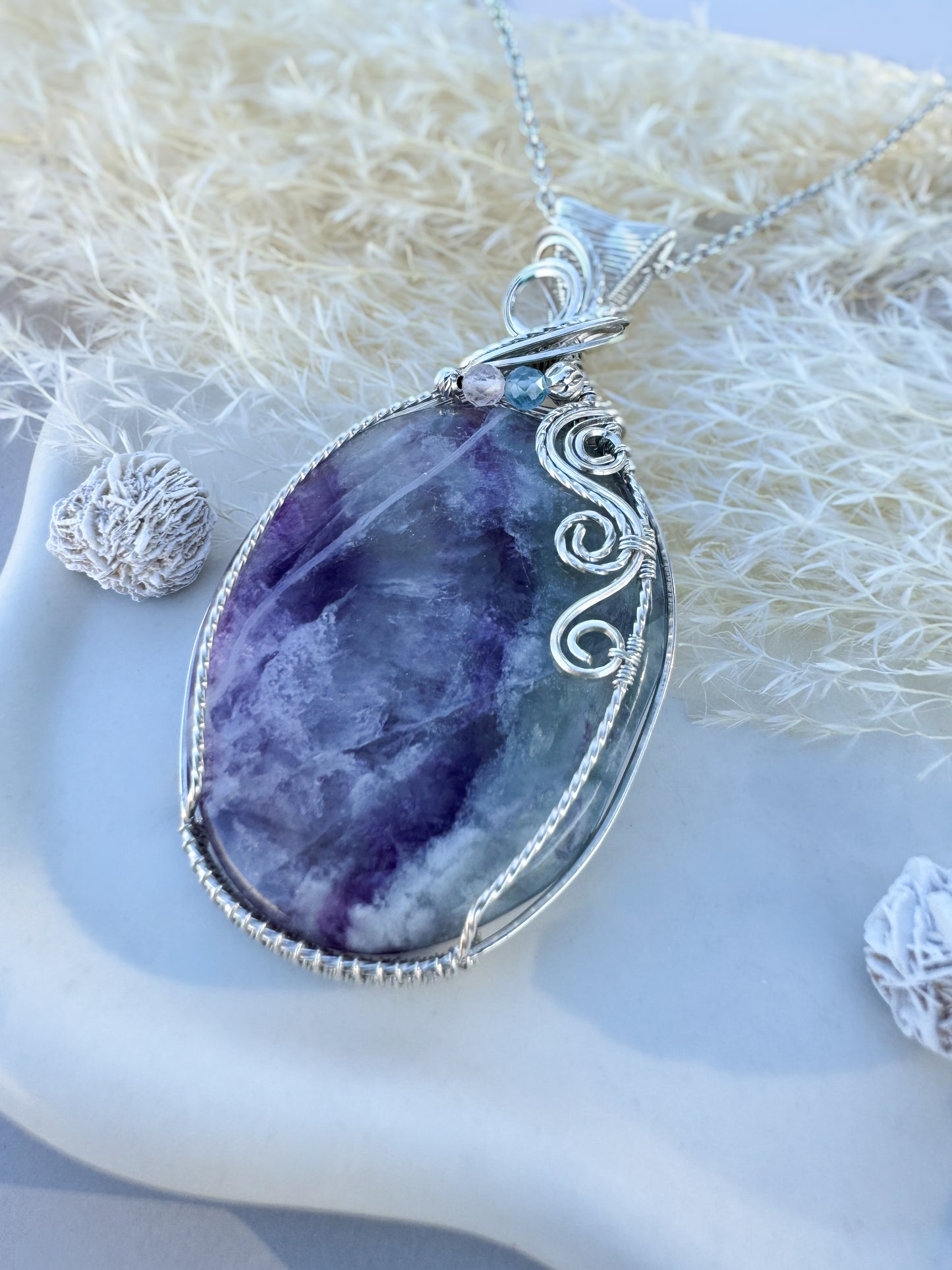 Fluorite Worry Stone, Morganite & Aquamarine 0.925 Sterling Silver Necklace