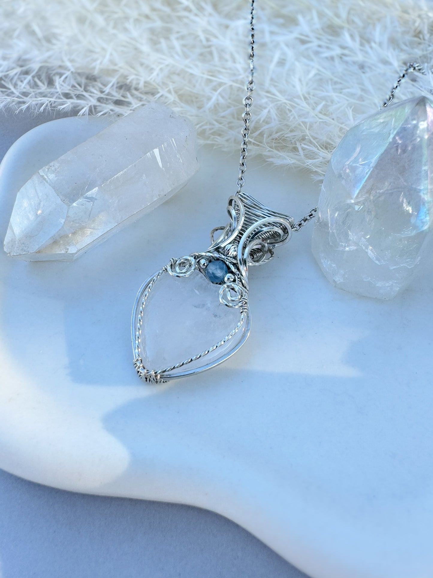 Small Clear Quartz Heart & Aquamarine 0.925 Sterling Silver Necklace