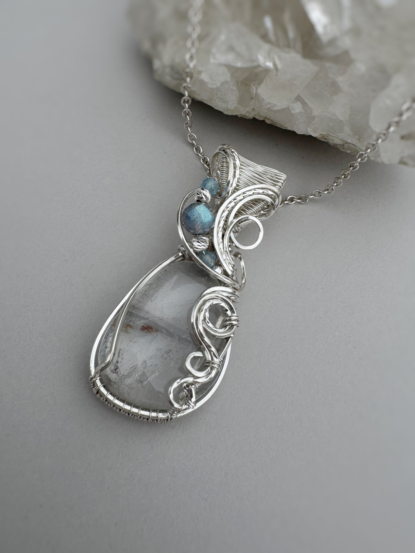 Clear Quartz, Labradorite & Aquamarine 0.925 Sterling Silver Necklace