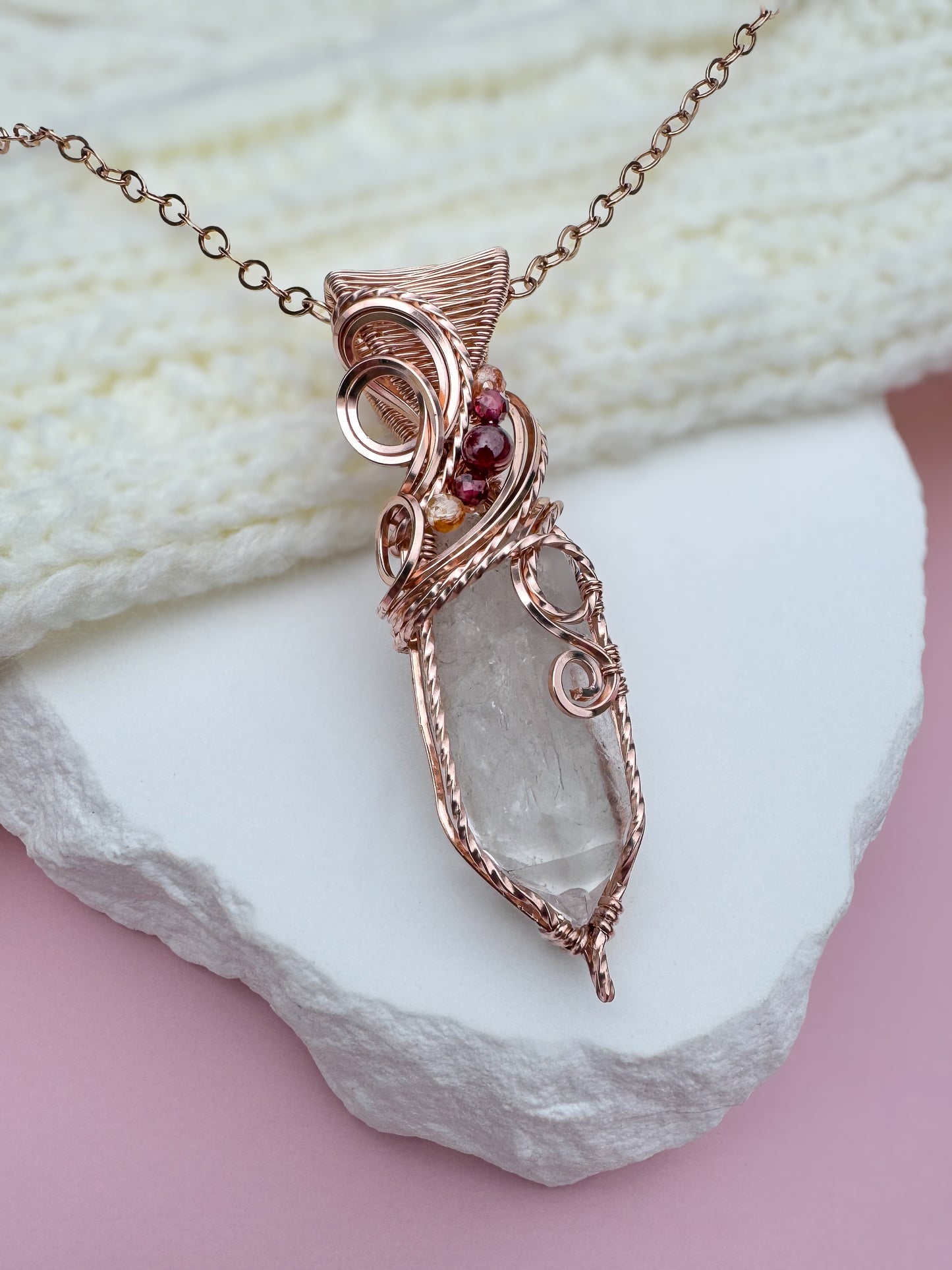 Lemurian Quartz, Natural Zircon & Garnet 14k Rose Gold Filled Necklace