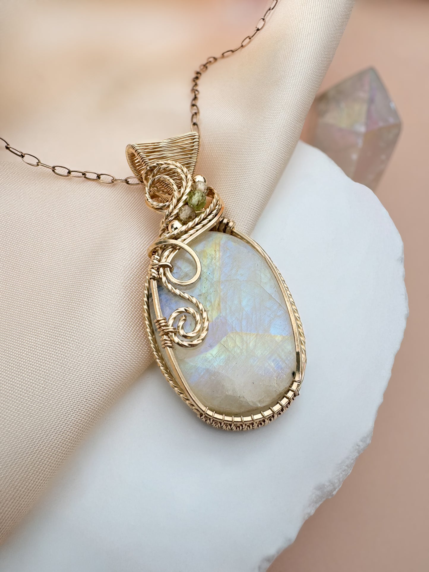 Rainbow Moonstone, Natural Zircon & Peridot 14k Gold Filled Necklace