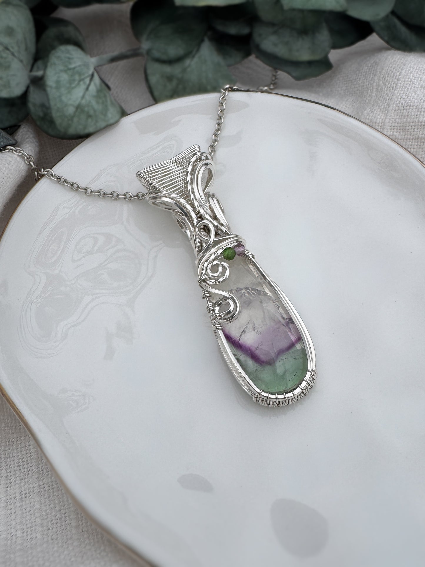 Fluorite & Chrome Diopside 0.925 Sterling Silver Necklace