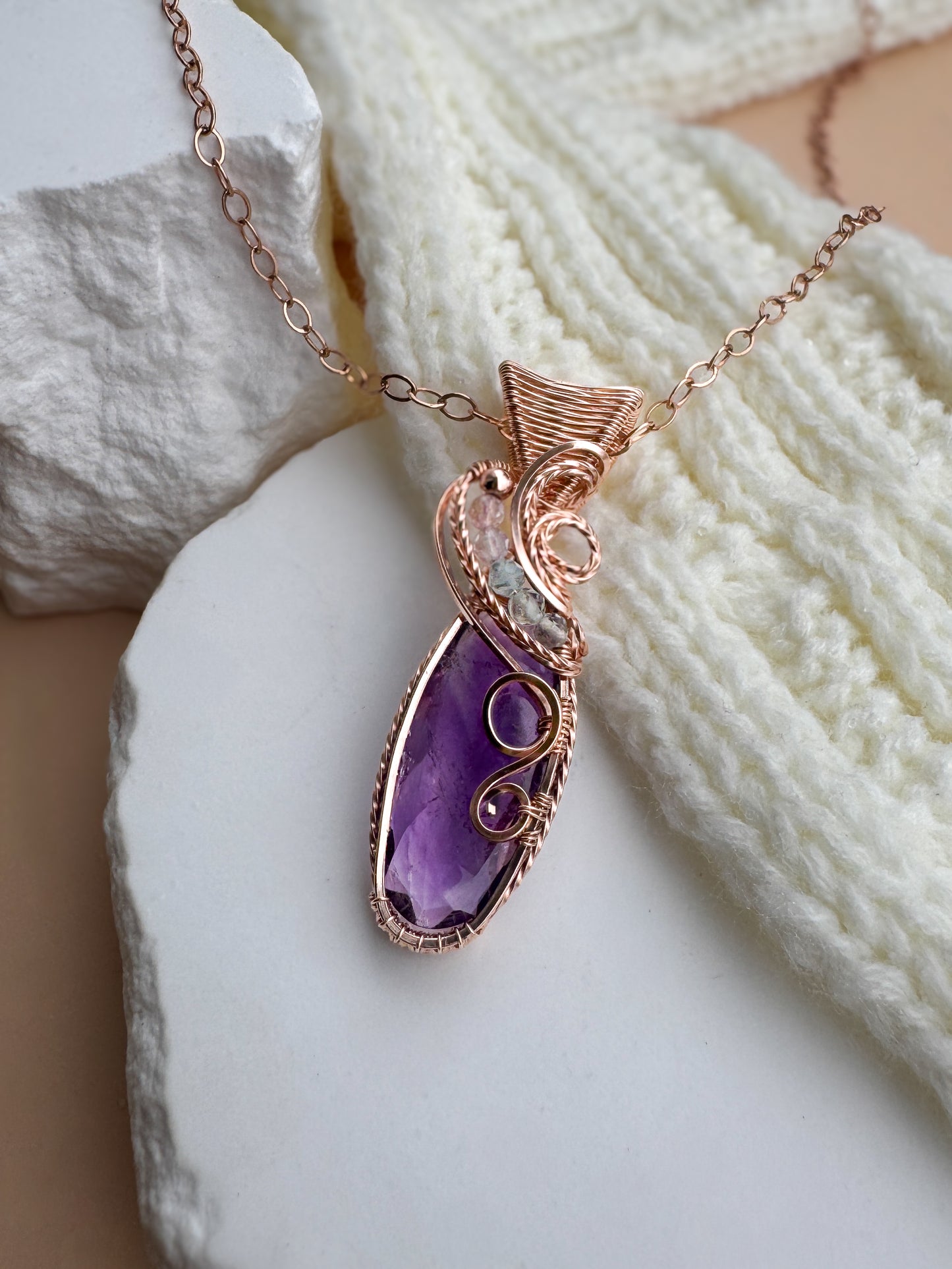 Faceted African Amethyst & Fluorite 14k Rose Gold Filled Necklace
