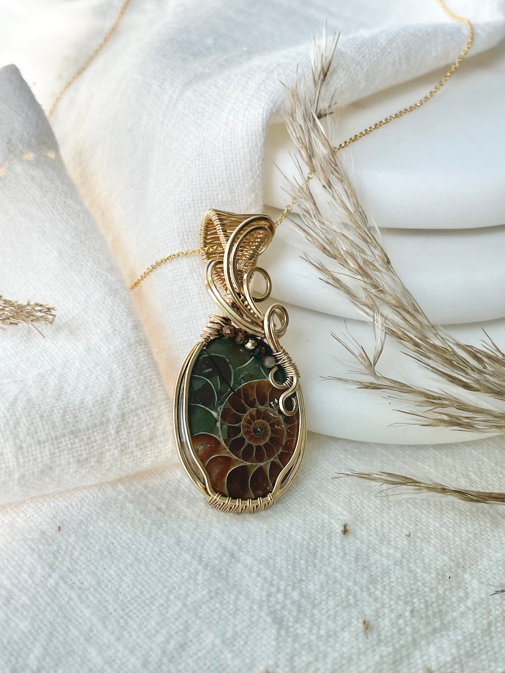 Ammonite Fossil, Tiger's Eye Pendant in 14K Gold Fill