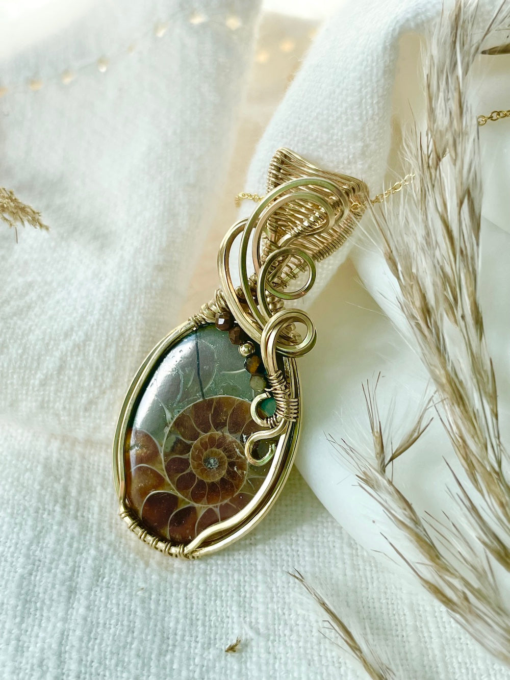 Ammonite Fossil, Tiger's Eye Pendant in 14K Gold Fill