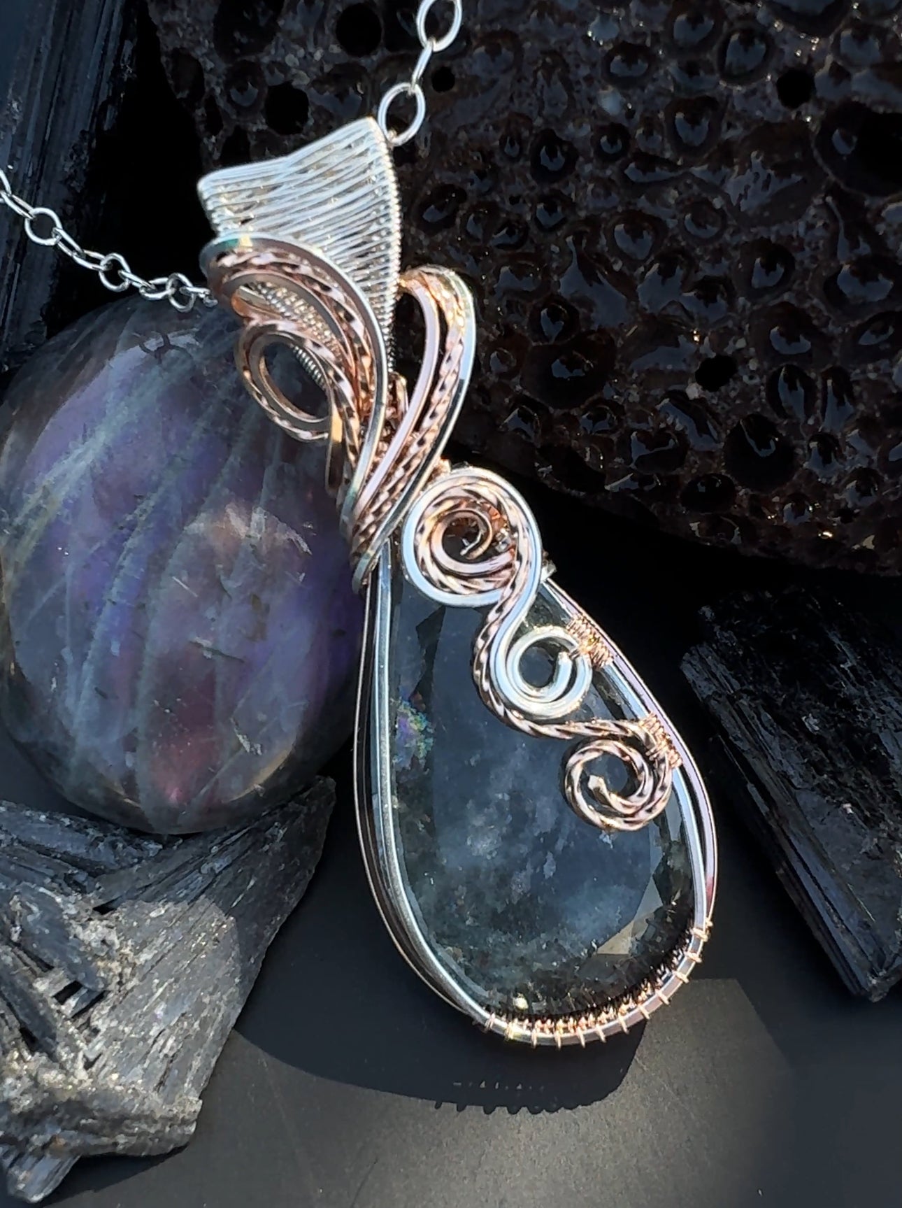 Faceted Moss Aquamarine Necklace in 0.925 Sterling Silver & 14k Rose Gold Filled