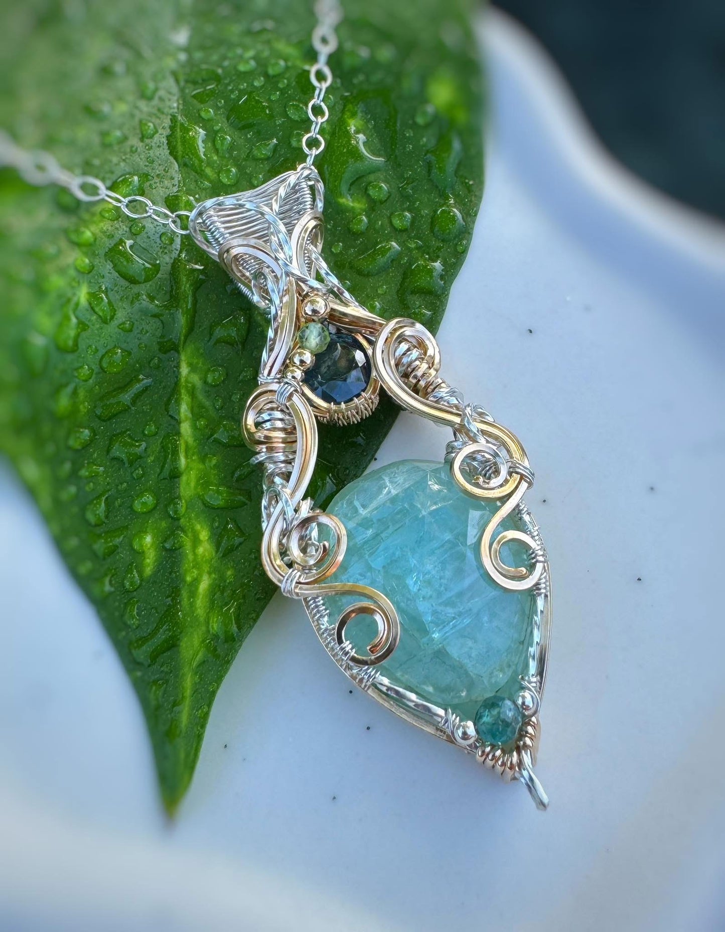 Milky Aquamarine, Teal Kyanite, Peridot & Aqua Apatite Necklace in Argentium Silver & 14k Gold Filled