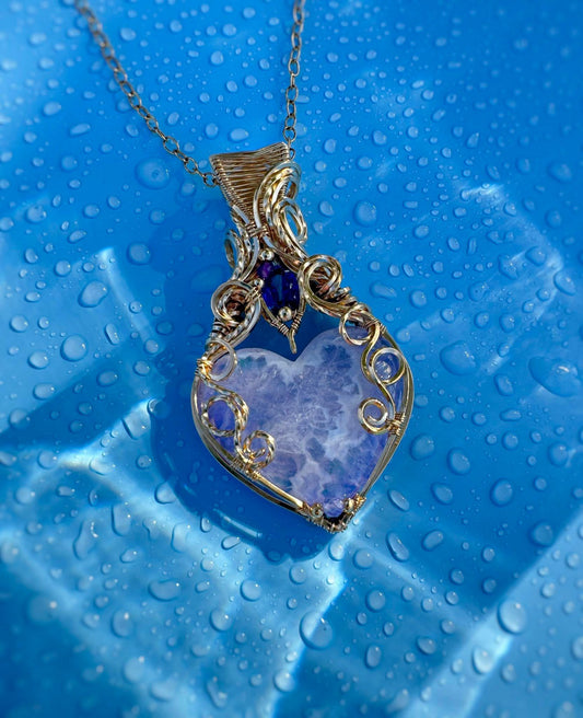 Sky Agate (doublet), Blue Kyanite, Tanzanite, Amethyst Necklace in 14k Gold Filled