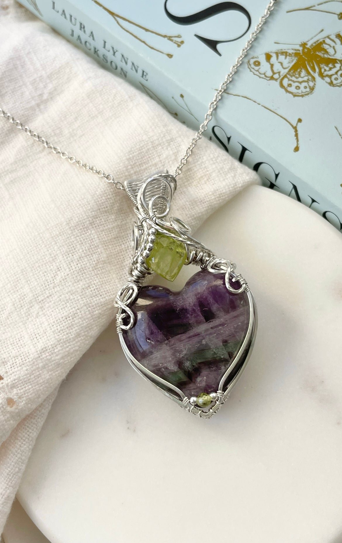 Fluorite Heart, Sphene, Peridot Necklace in 0.925 Sterling Silver