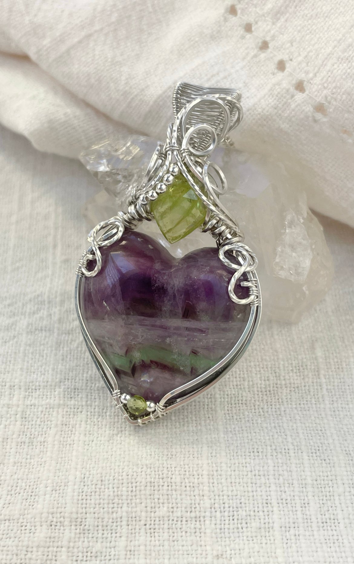Fluorite Heart, Sphene, Peridot Necklace in 0.925 Sterling Silver
