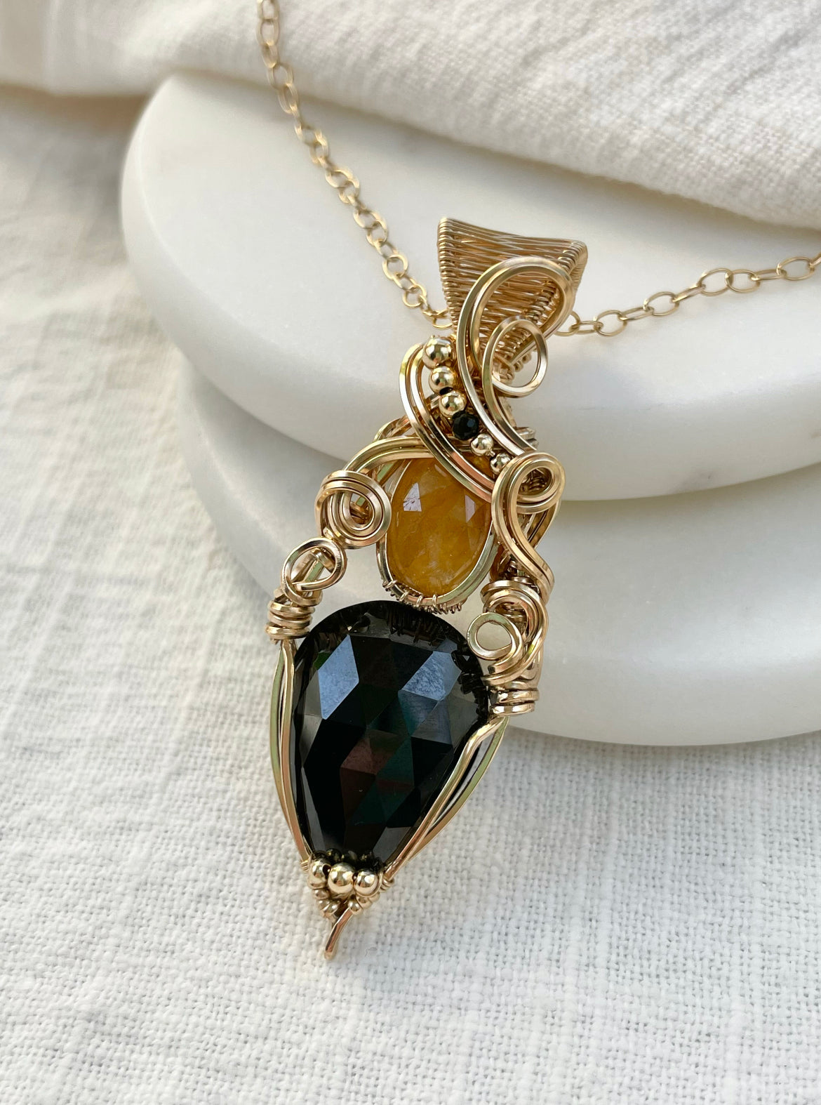 Black Spinel, Natural Yellow Sapphire, Black Onyx Necklace in 14k Gold Filled
