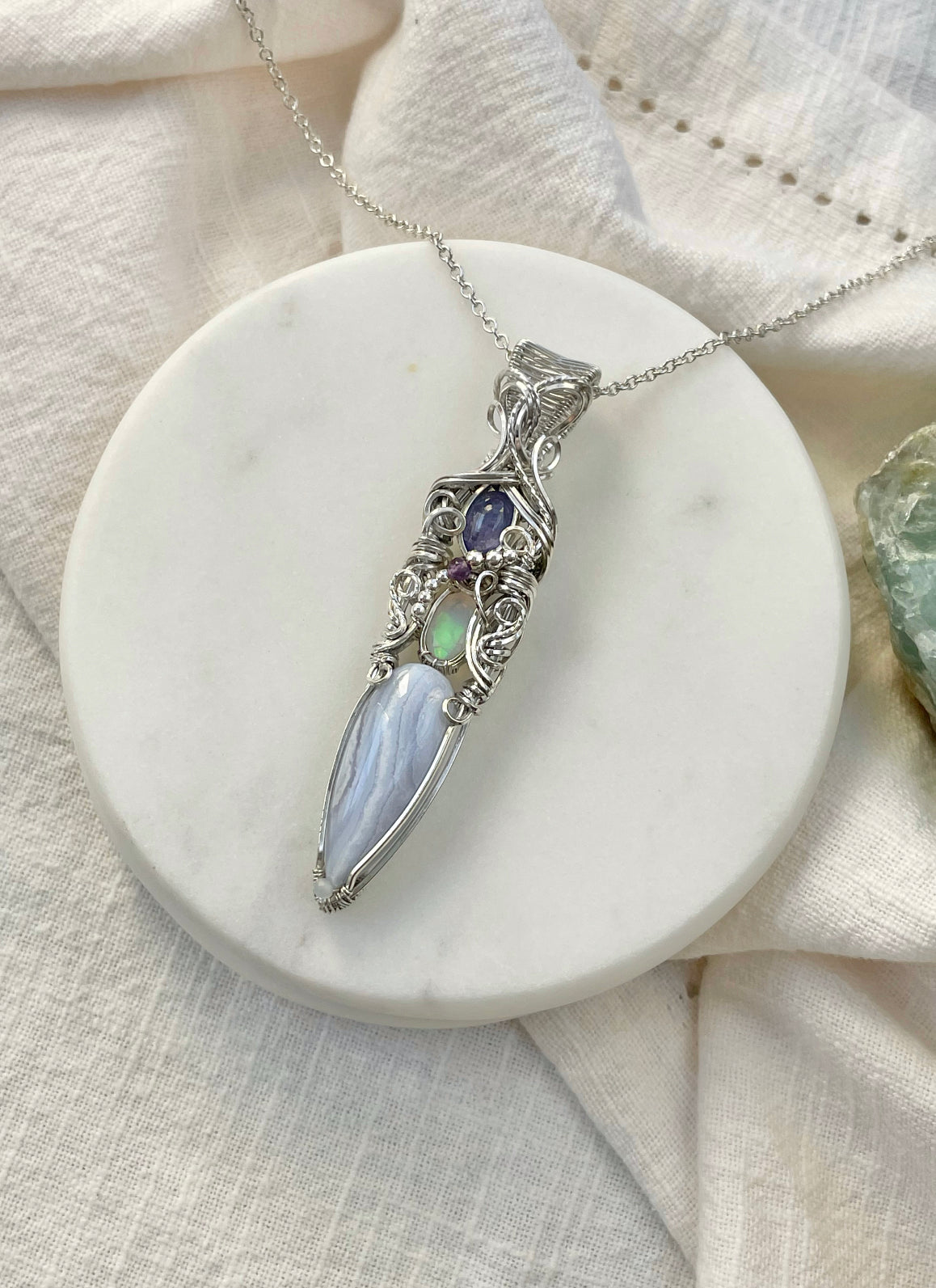 Blue Lace Agate, Opal, Tanzanite, Aquamarine, Amethyst Necklace in 0.925 Sterling Silver