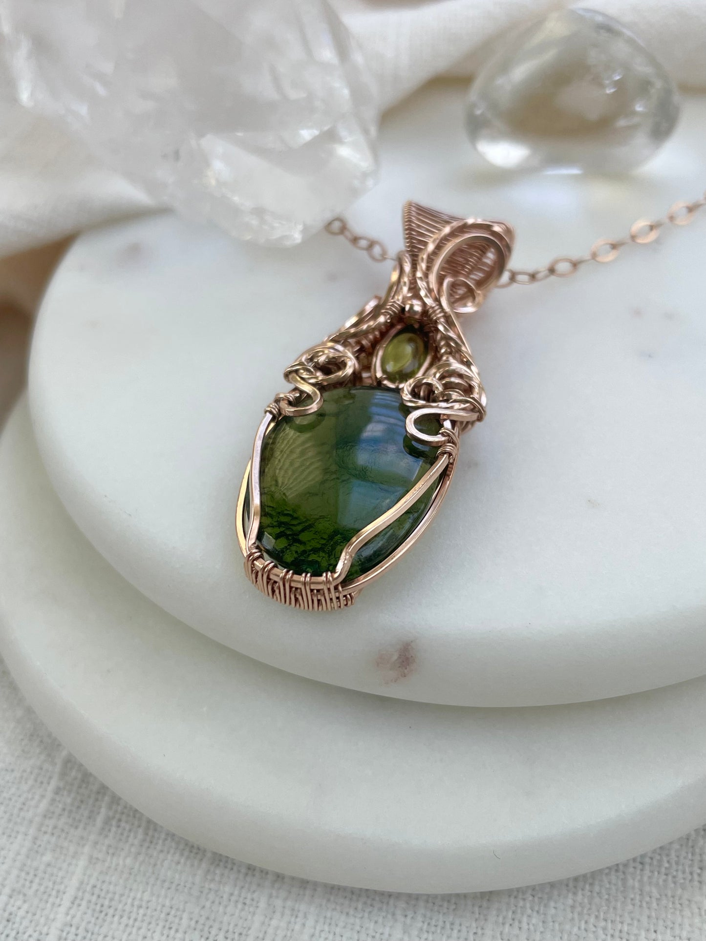 Rare Moldavite (from the Czech Republic), Peridot Necklace in 14k Rose Gold Filled