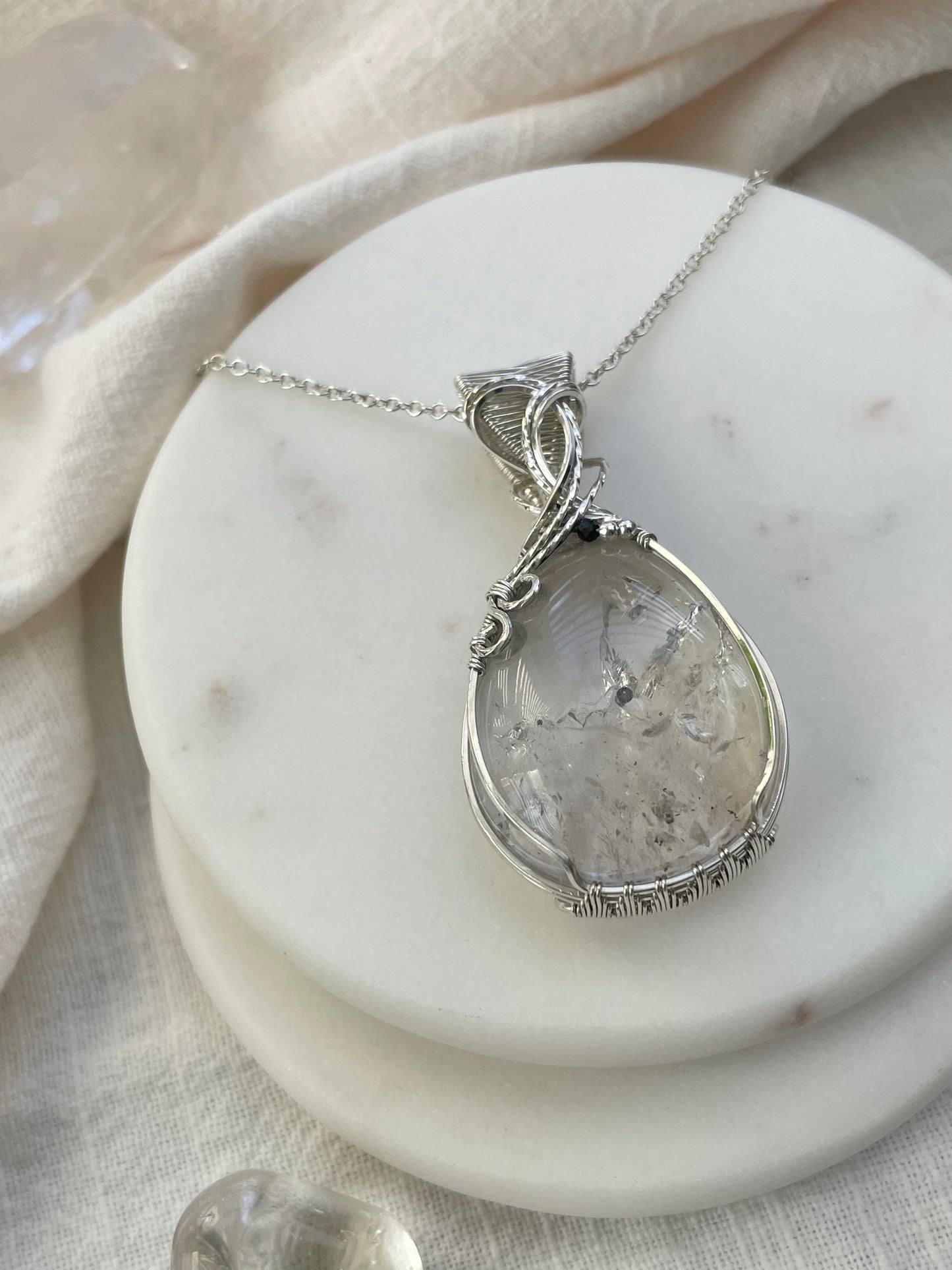 Rare Enhydro Quartz, Black Onyx Necklace in 0.925 Sterling Silver