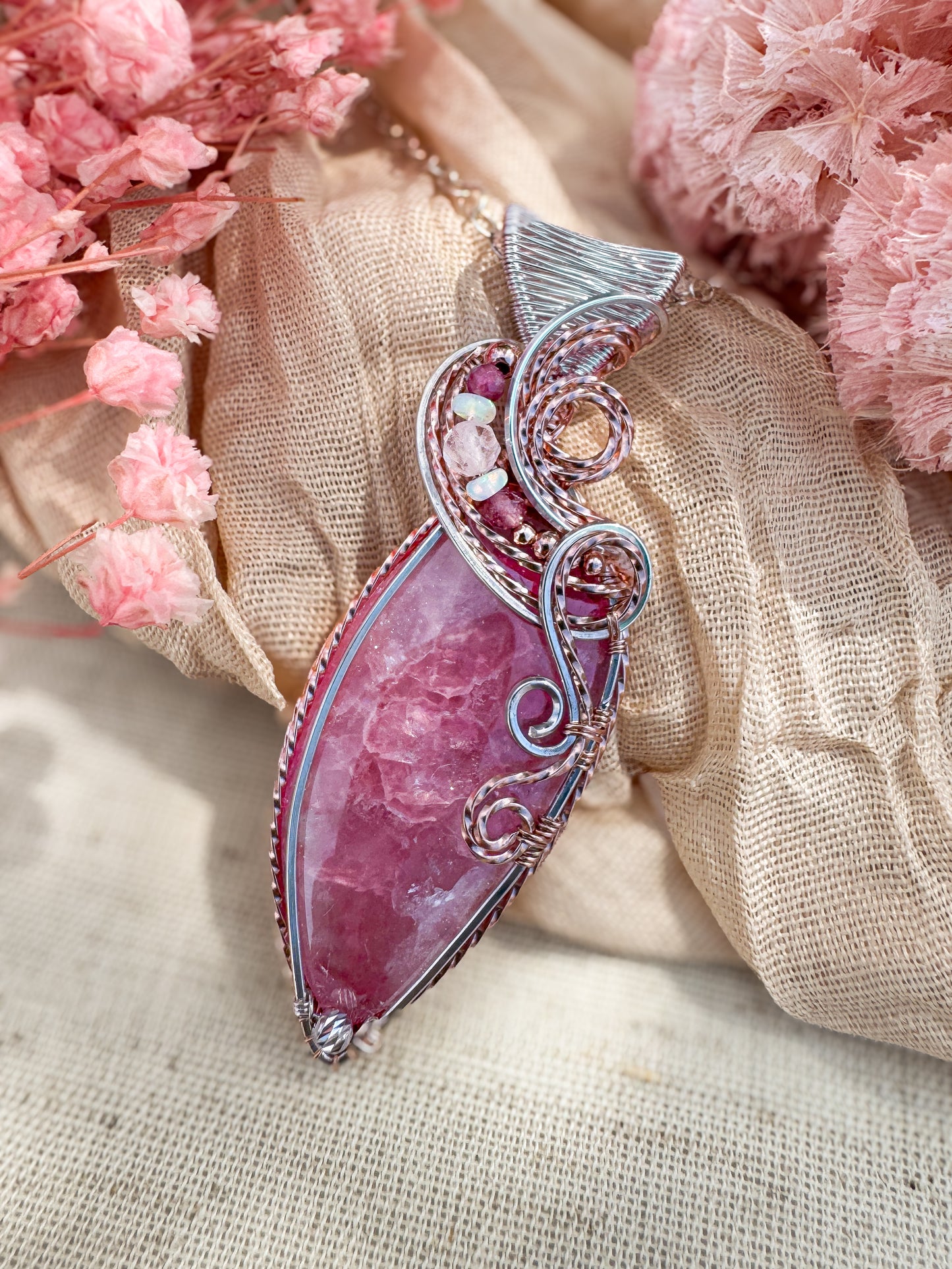 Rare Cobaltoan Calcite, Pink Tourmaline, Ethiopian Opal & Morganite Necklace