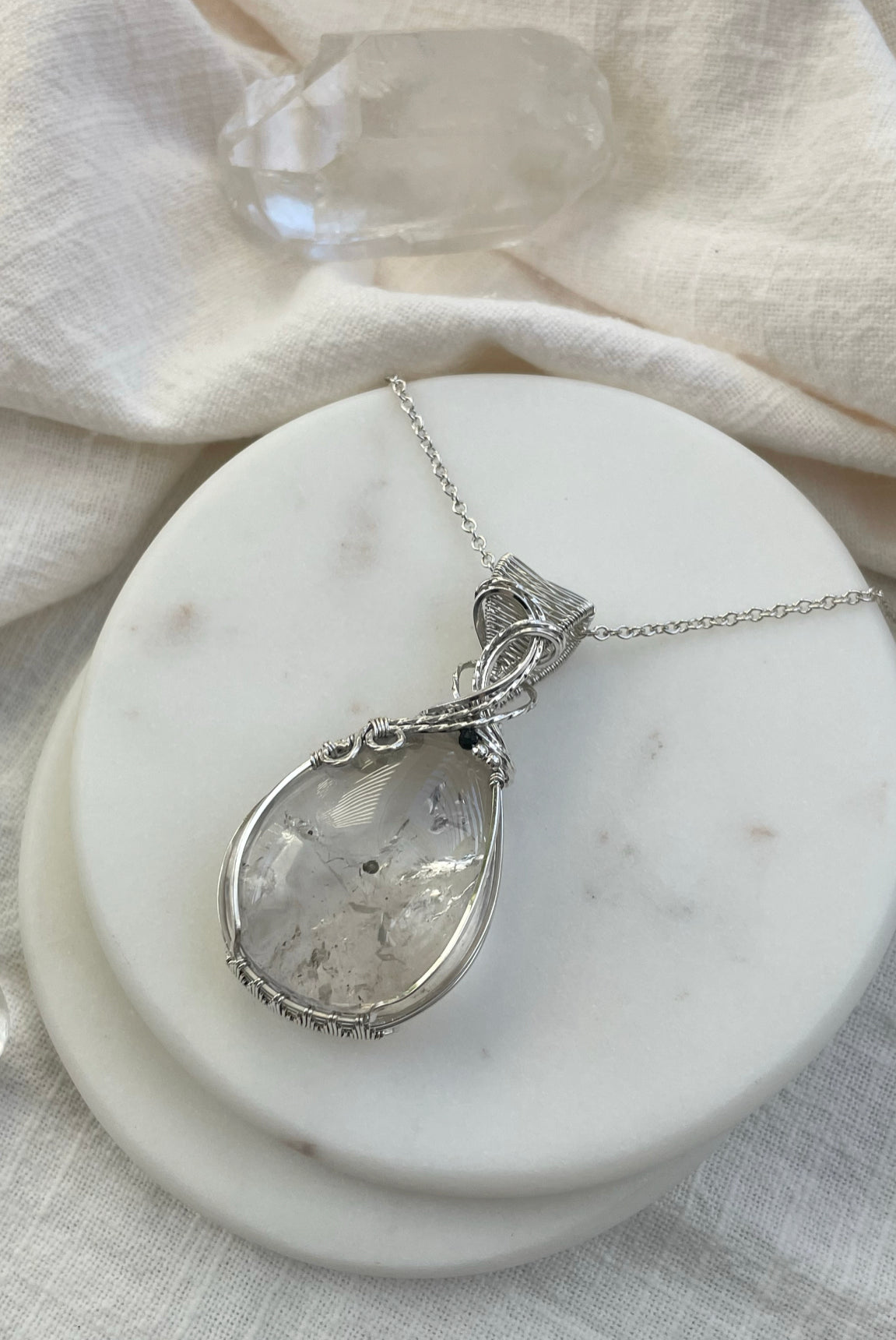 Rare Enhydro Quartz, Black Onyx Necklace in 0.925 Sterling Silver