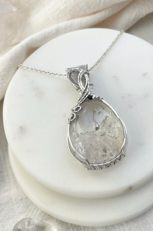 Rare Enhydro Quartz, Black Onyx Necklace in 0.925 Sterling Silver