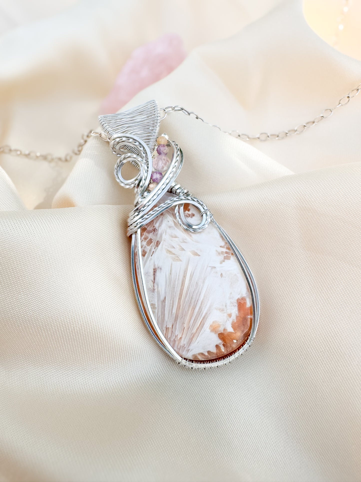 Peach Scolecite, Peach Moonstone, Purple Mica & Morganite Necklace