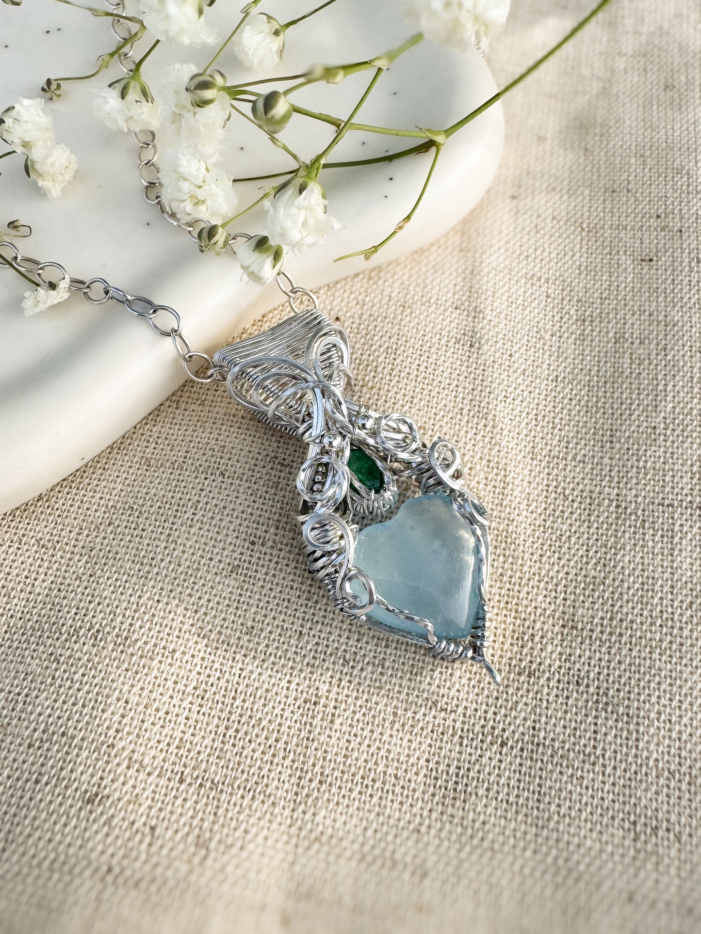 Aquamarine Heart & Emerald Necklace