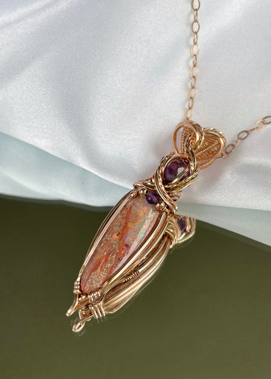 10 CT Australian Pipe Opal, Amethyst Necklace in 14k Rose Gold Filled