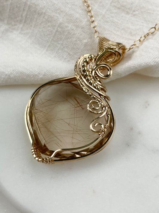 High Quality, Faceted Rutilated Smoky Quartz Necklace in 14k Gold Filled