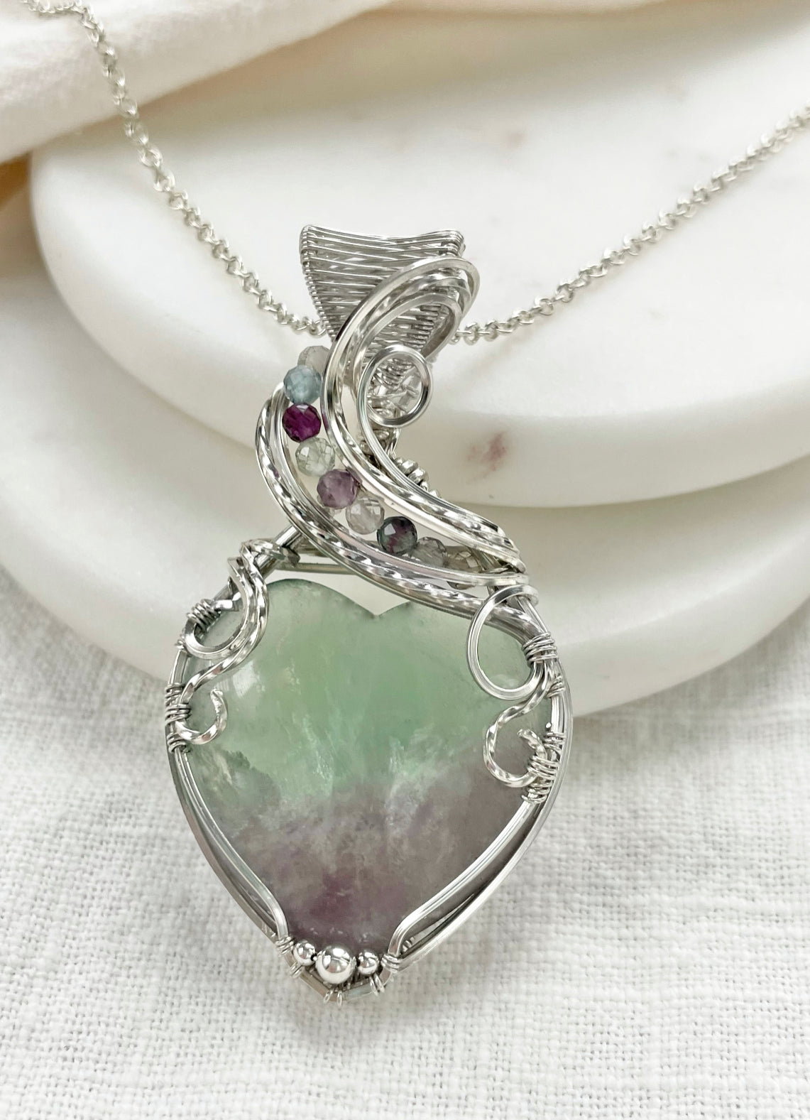 Fluorite Heart Necklace in Argentium Silver