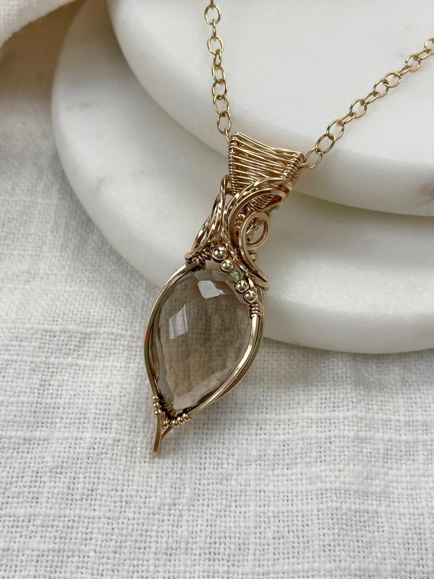 Faceted Smoky Quartz, Peridot Necklace in 14k Gold Filled