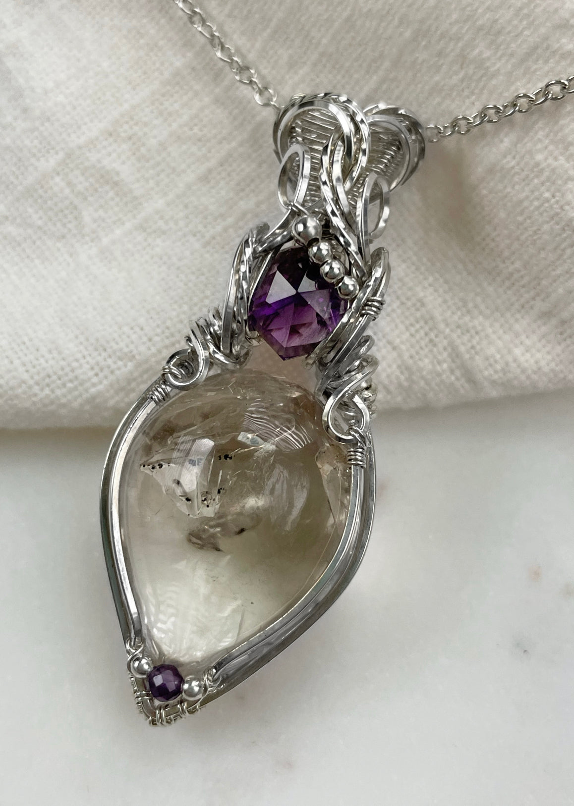 Rare Enhydro Quartz, Amethyst Necklace in 0.925 Sterling Silver