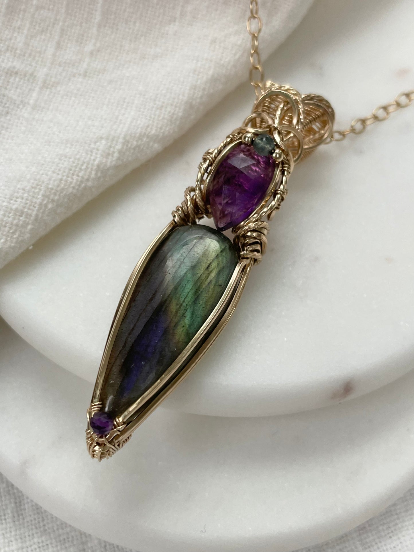 Labradorite, Amethyst, Fluorite Necklace in 14k Gold Filled