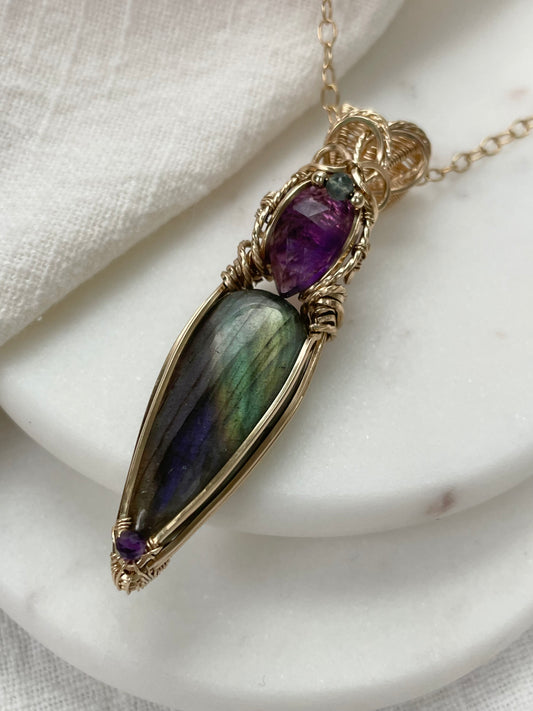 Labradorite, Amethyst, Fluorite Necklace in 14k Gold Filled