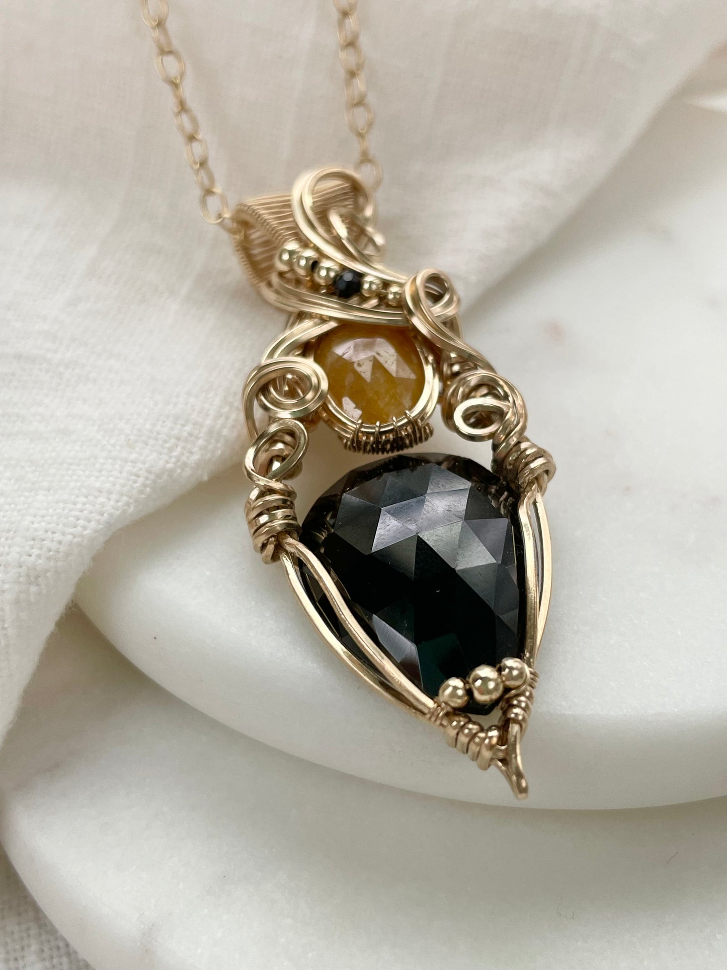 Black Spinel, Natural Yellow Sapphire, Black Onyx Necklace in 14k Gold Filled