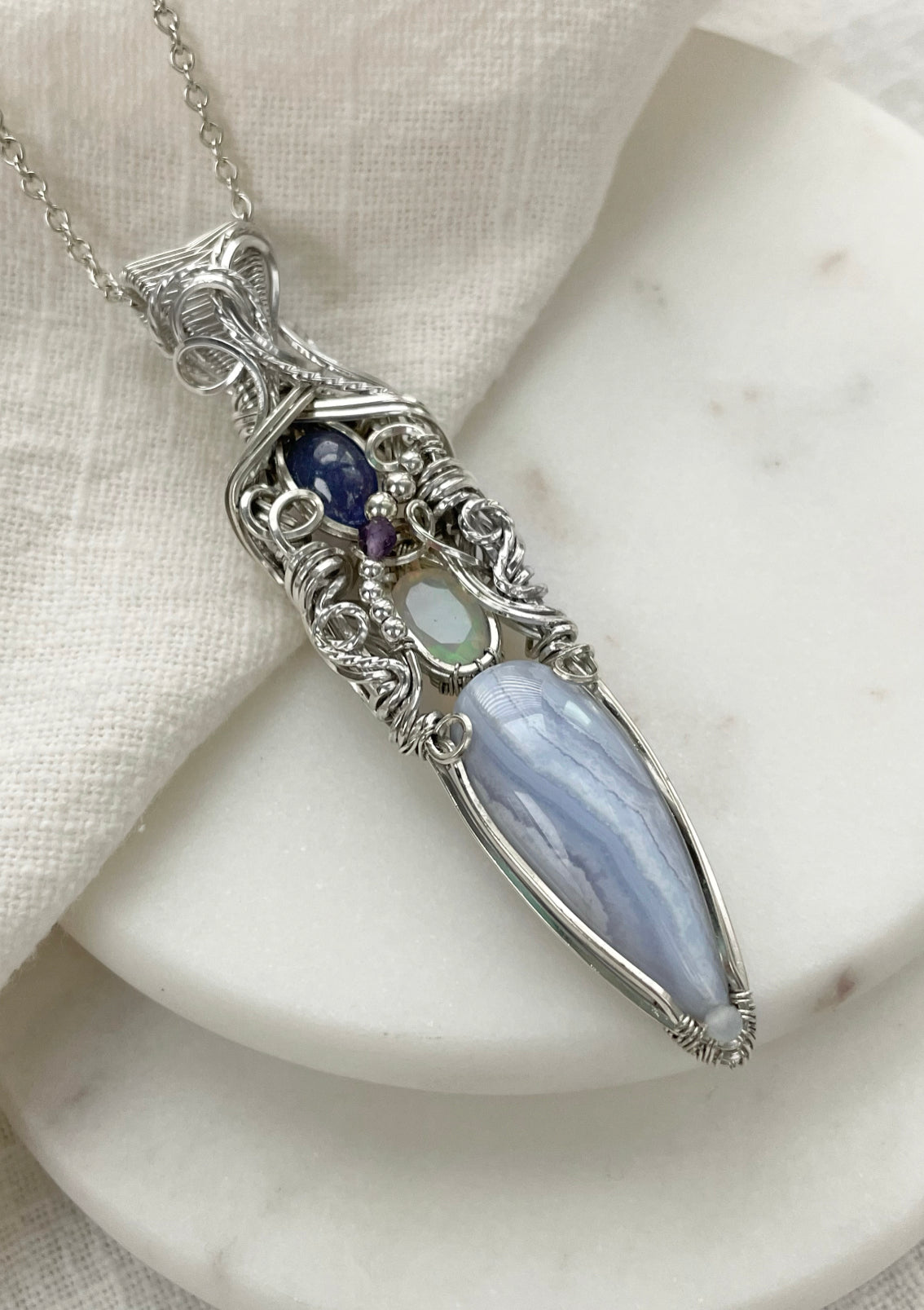 Blue Lace Agate, Opal, Tanzanite, Aquamarine, Amethyst Necklace in 0.925 Sterling Silver