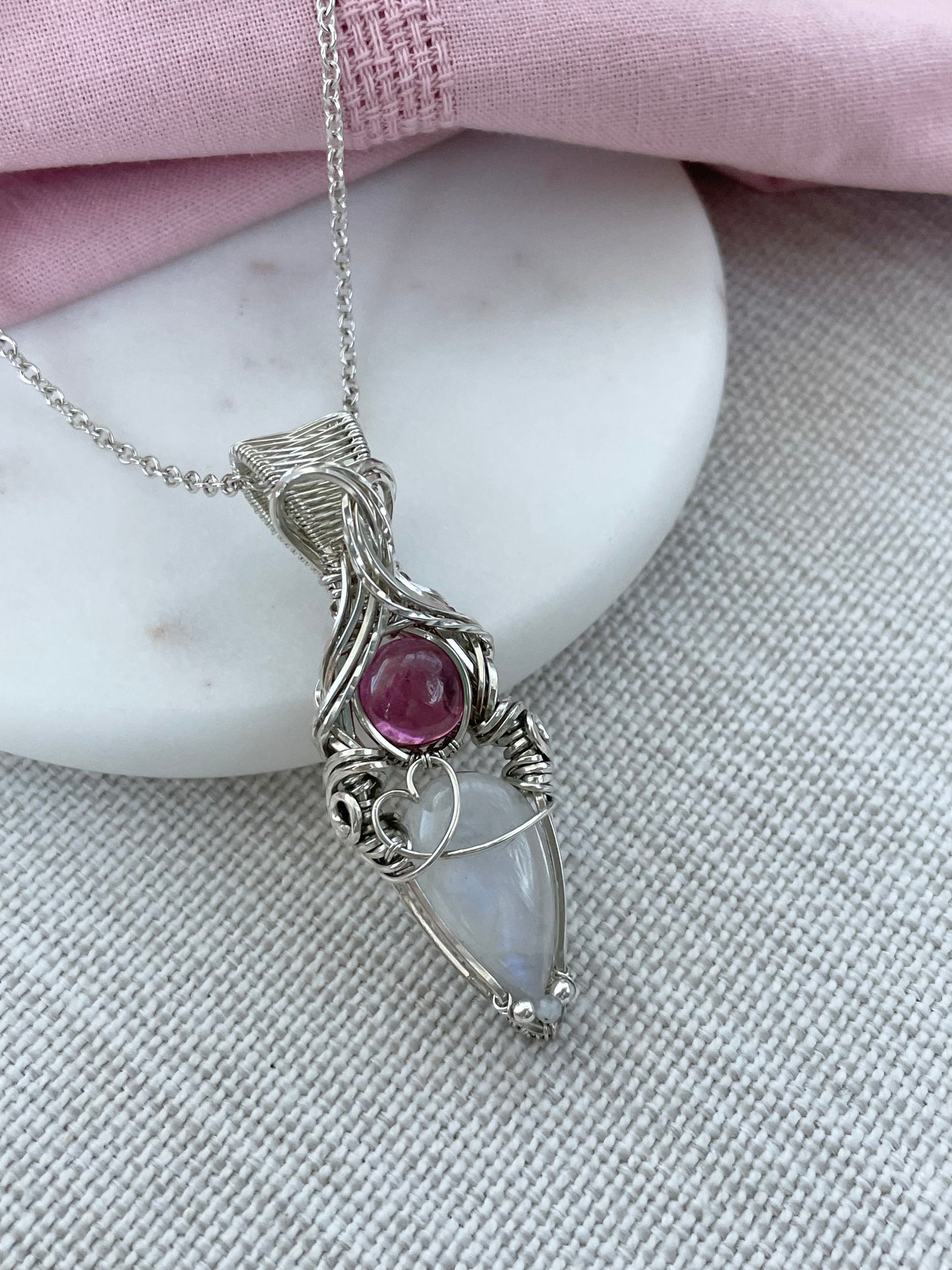 Moonstone & Pink Tourmaline Necklace in 0.925 Sterling Silver