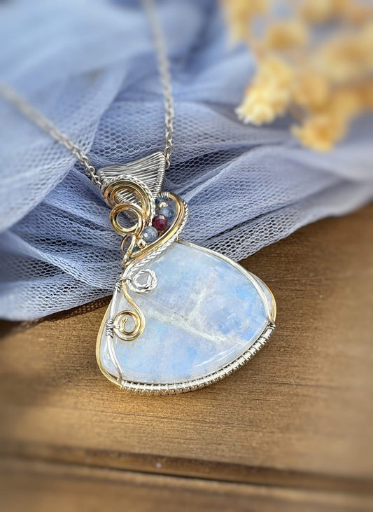 Moonstone, Red/Pink Rubellite, Blue Kyanite necklace in mixed metals (14k Gold Filled & Argentium Silver)