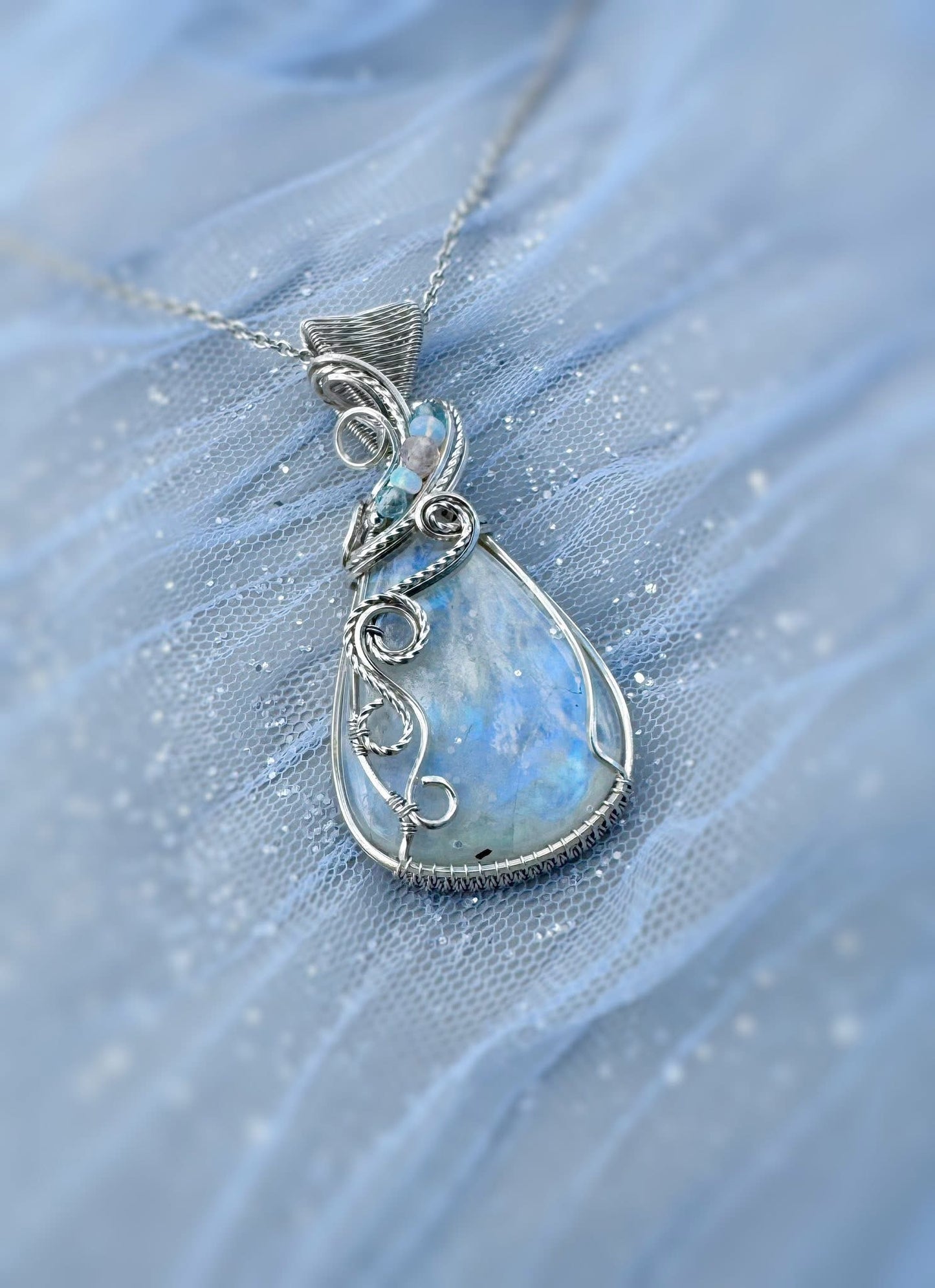 Rainbow Moonstone, Morganite, Aquamarine & Opal Necklace in Argentium Silver