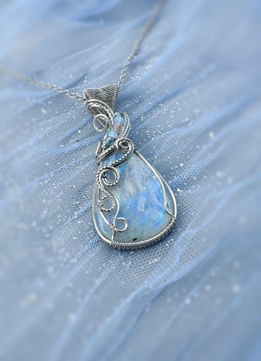 Rainbow Moonstone, Morganite, Aquamarine & Opal Necklace in Argentium Silver