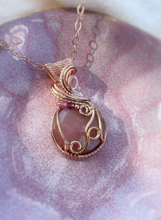 Peach Moonstone, Garnet & Pink Tourmaline Necklace in 14k Rose Gold Filled
