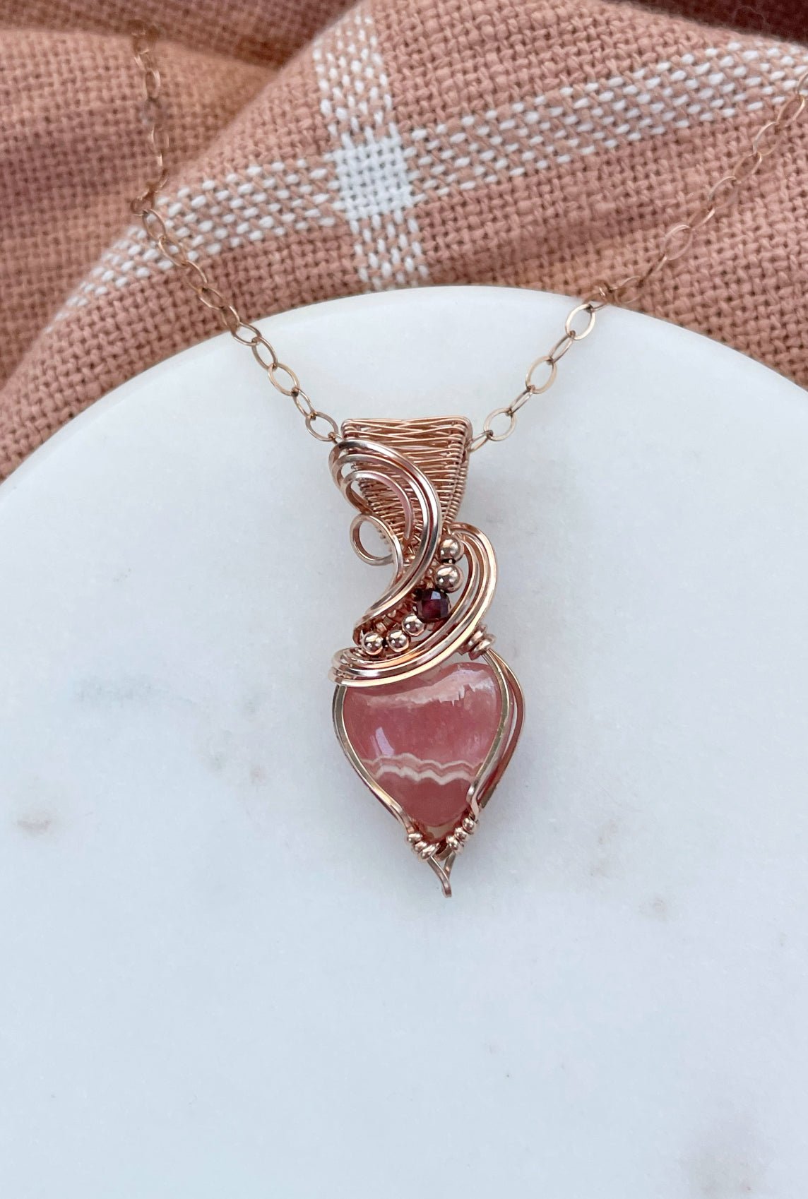 Rhodochrosite Heart & Garnet Necklace in 14k Rose Gold Filled