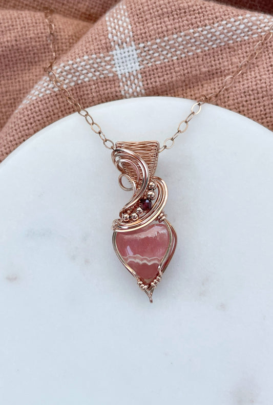 Rhodochrosite Heart & Garnet Necklace in 14k Rose Gold Filled