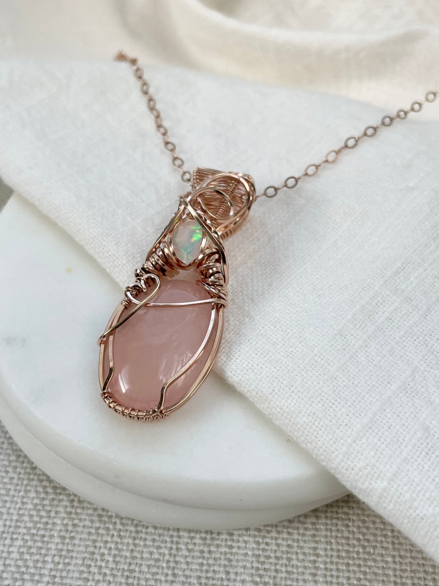 Rose Quartz & Opal Necklace in 14k Rose Gold Filled