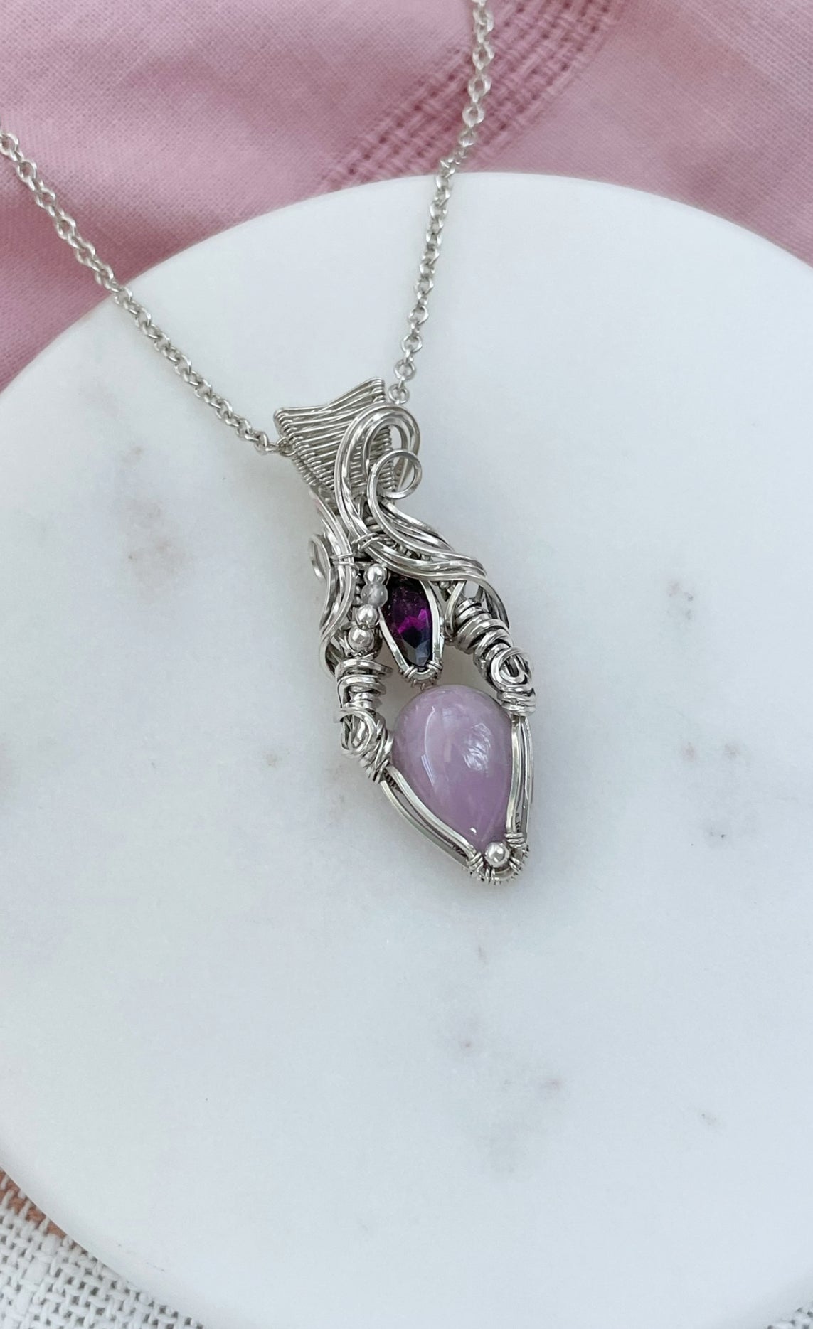 Kunzite, Rhodolite Garnet & Clear Quartz Necklace in 0.925 Sterling Silver