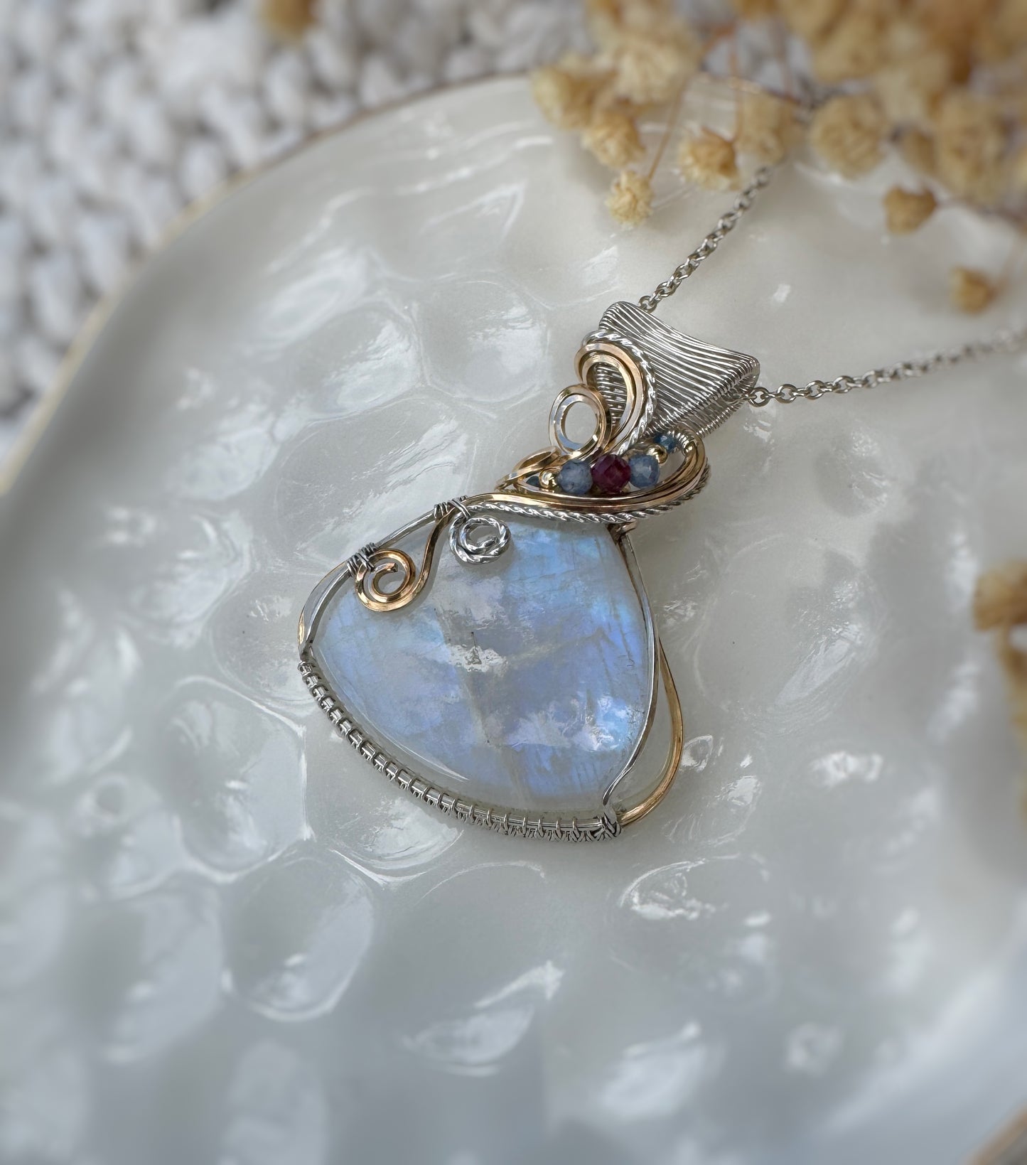 Moonstone, Red/Pink Rubellite, Blue Kyanite necklace in mixed metals (14k Gold Filled & Argentium Silver)