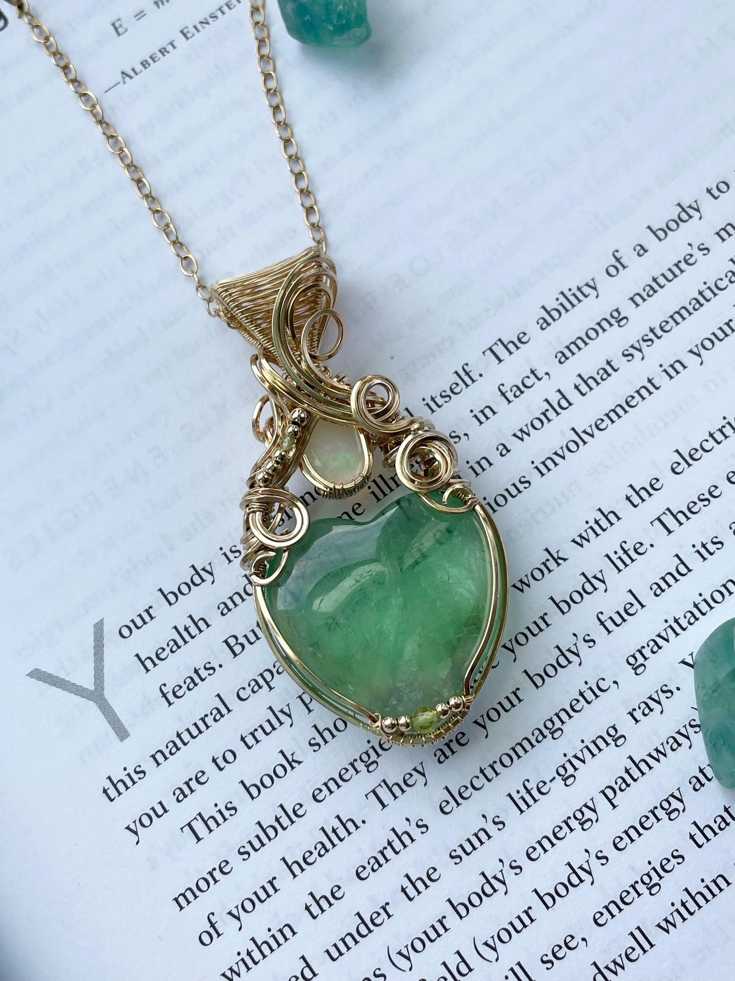 Fluorite heart, Opal & Peridot Necklace in 14k Gold Filled